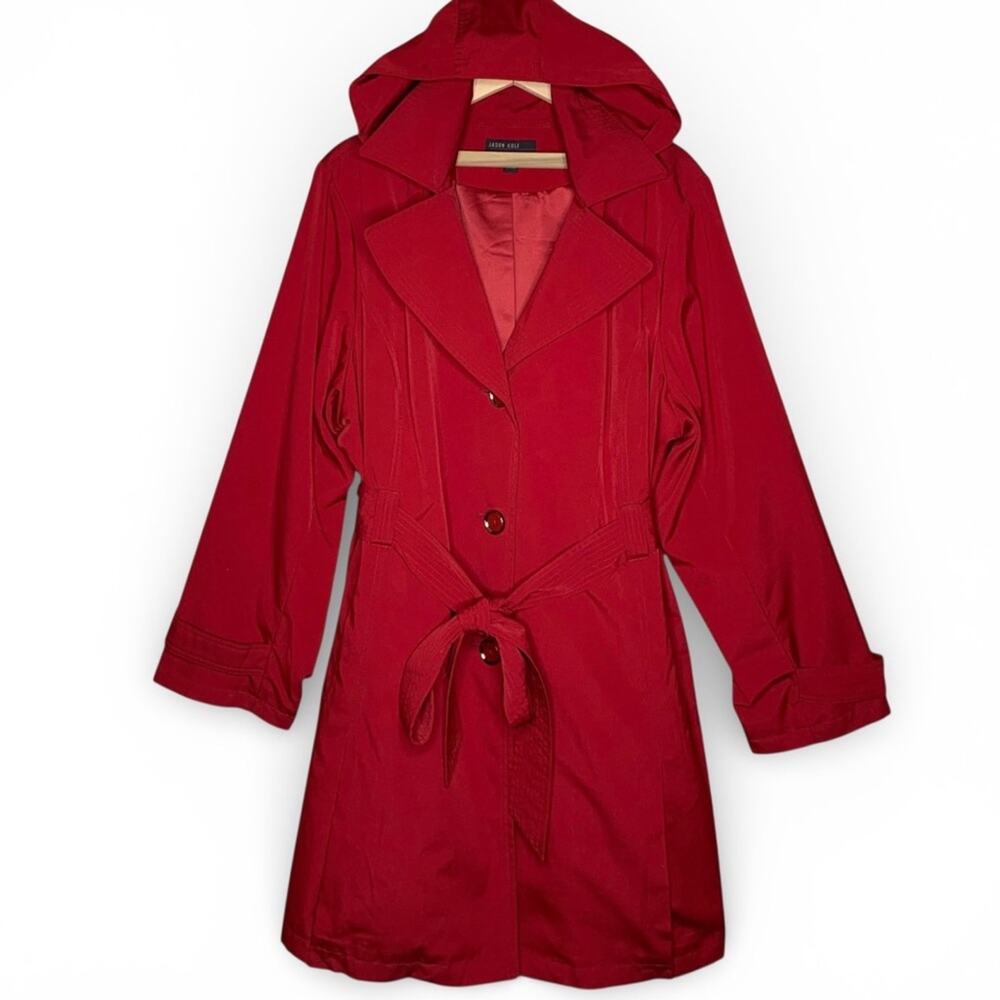 Jason Kole Hooded Trench Coat 3X Red Belted Wind Water Resistant Rain Jacket